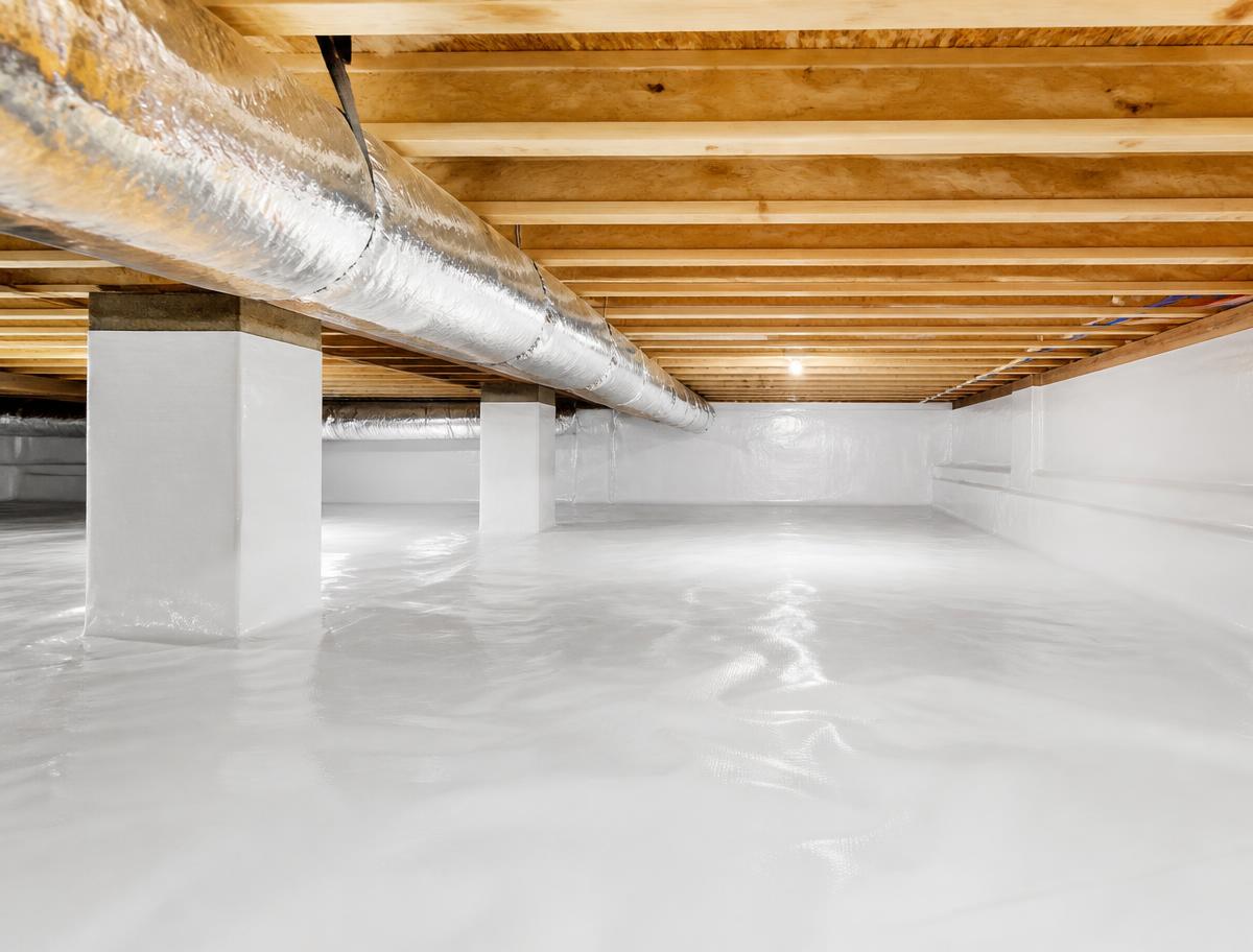 Freshly encapsulated crawl space with a clean vapor barrier