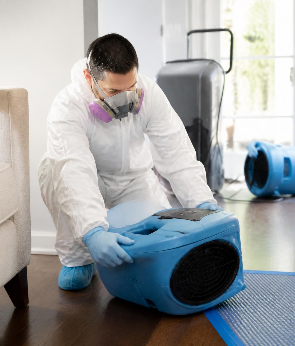 Certified technician setting up drying equipment inside a home
